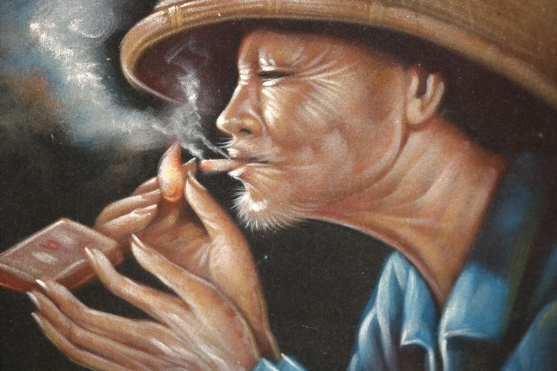 Estate Mid Century Chinese Man lighting up a smoke Painting on Velvet 18″x25