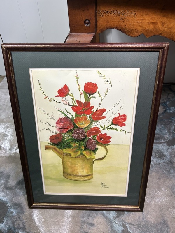 Framed Poppies In Watering Can Painting Signed Wall Art Vintage