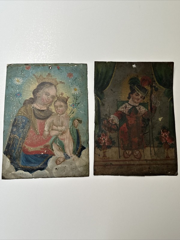 ANTIQUE PAINTING RELIGIOUS ICON Retablo 19TH CENTURY PORTRAIT MADONNA METAL TIN