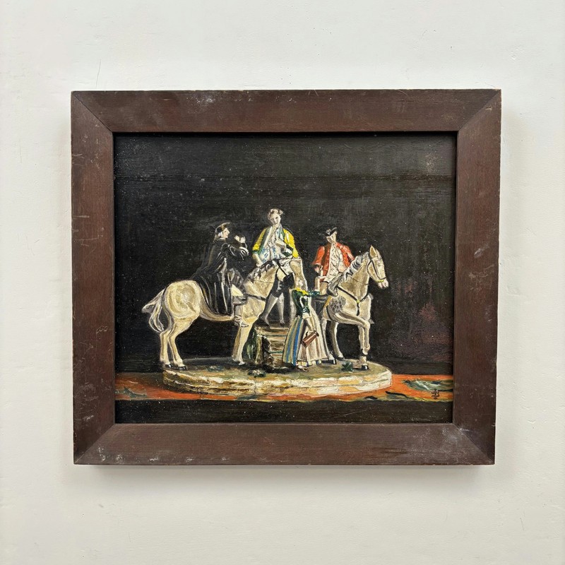 Refined Figurative Oil Painting «Mounted Figurines» Rustic Small Artwork