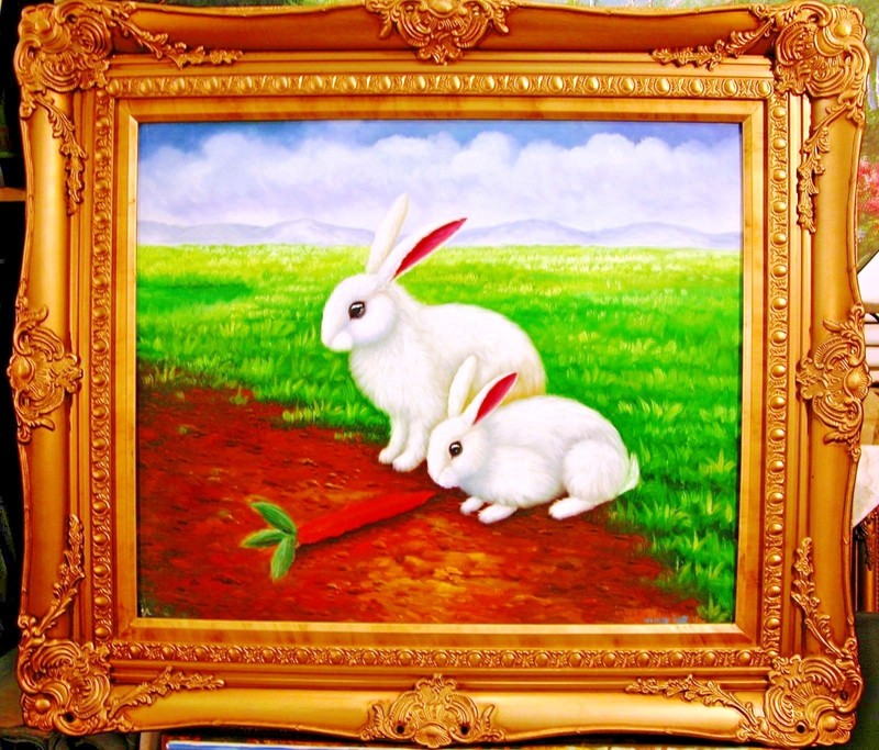 BUNNY RABBIT TAKE CARROT WILDLIFE 24″ CANVAS STRETCHED OIL PAINTING DECOR ART 79
