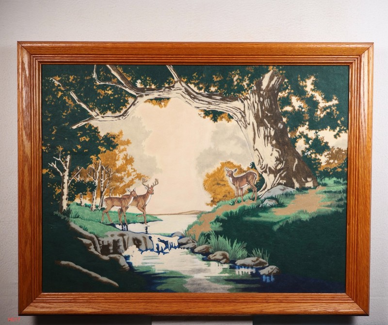 Rare Vintage Paint by Number "Deer" Framed Tri-Chem Fabric Forrest gallery