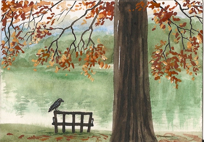 ACEO PRINT OF PAINTING RAVEN CROW REALISM LANDSCAPE Halloween 🎃 Folk Art River