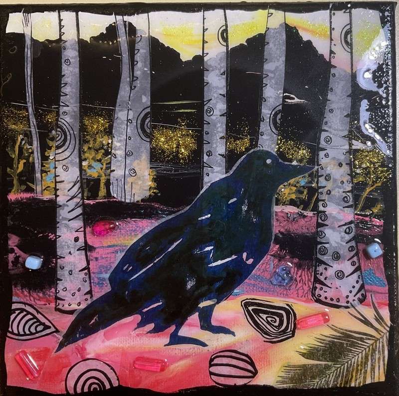 «Crow» Orig. 8 x 8 art by artist. Unique and sparkly with jewels/resin