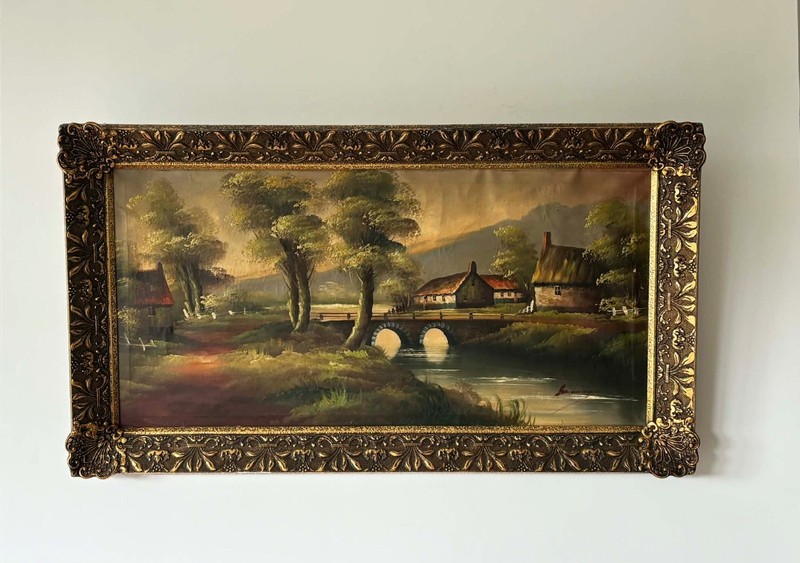 Oil Painting Countryside Landscape, Vintage Framed Cottage & Bridge Wall Art