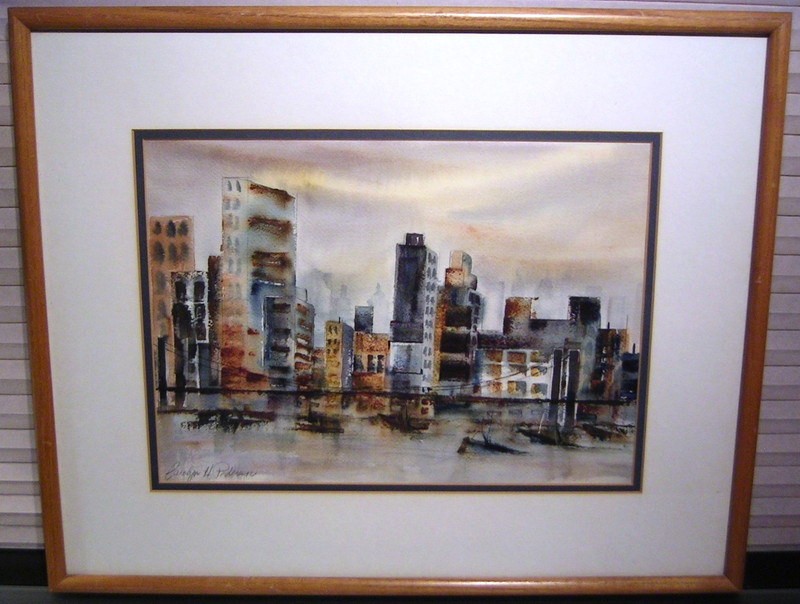 Vtg Modernist Skyline Cityscape Painting Watercolor by Carolyn Pedersen
