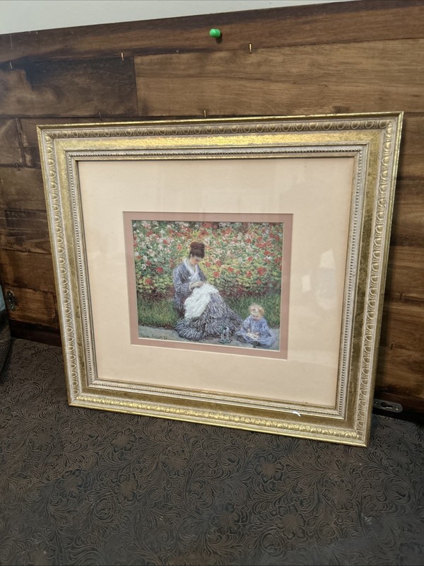 VTG FRAMED CLAUDE MONET COLOR PRINT OF «CAMILLE MONET AND A CHILD IN THE GARDEN»