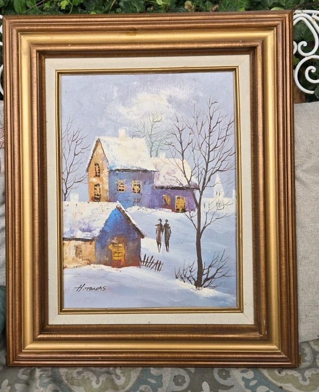 Vintage Rural Winter scene – Church OIL – H. THOMAS Framed 23×19″ Art Is 18×14″