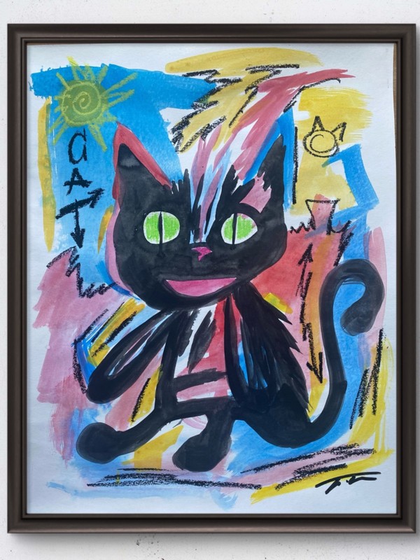 Black Cat Colorful Abstract Basquiat Style Original Art 14×11 Paper