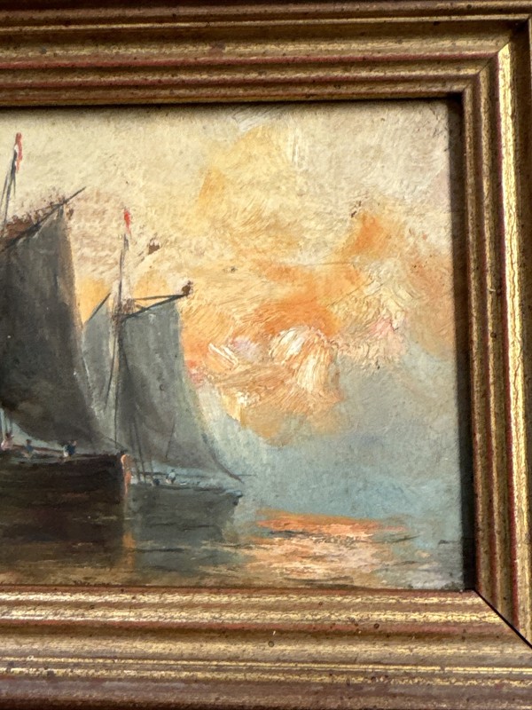 ANTIQUE PAINTING NAUTICAL SUNSET BOATS SHIPS MYSTERY SIGNED 19TH TO 20TH CENTURY gallery