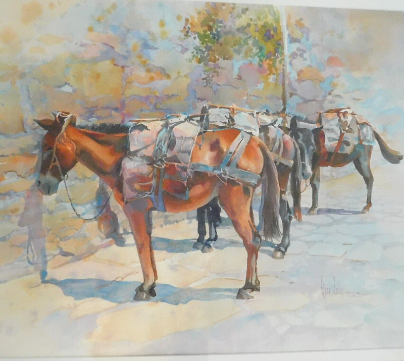 ORIGINAL WATERCOLOR by ROSE EDIN BURROWS AT THE WALL / DONKEYS / MWS gallery