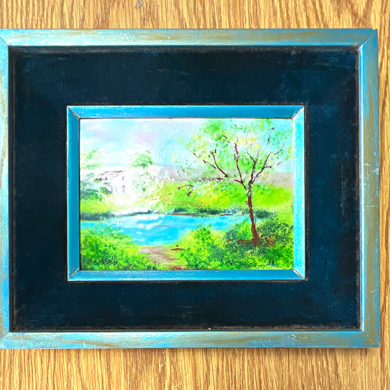 R. Mughal signed framed impressionist painting landscape lake tree house 12″×9″