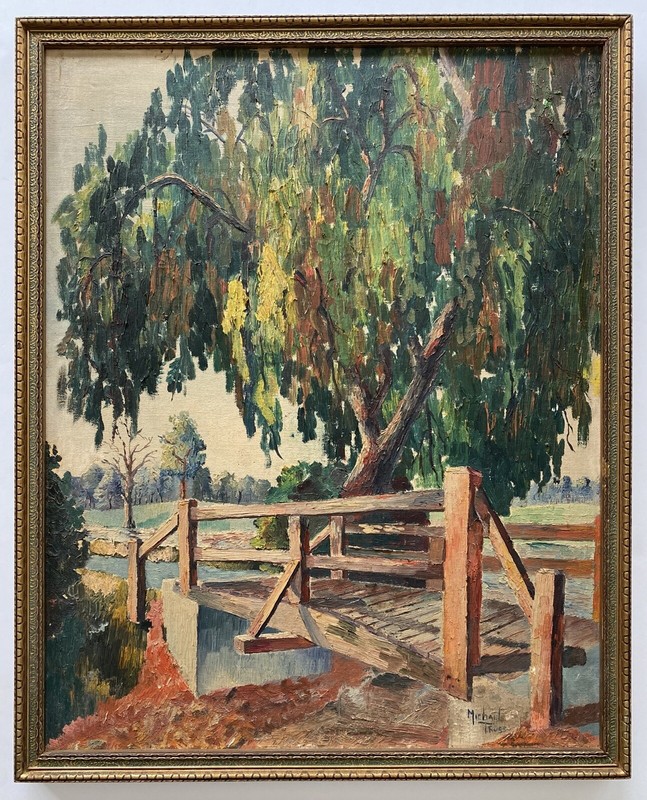 Antique Early California Plein Air Impressionism Bridge Tree Landscape Painting