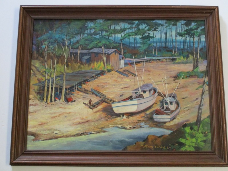 MARSHALL OIL PAINTING 1950’S COASTAL MARINA PORT BOAT YARD AMERICAN REGIONALISM