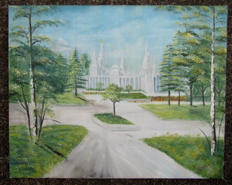 Vtg Original Oil Painting of City Park Scene With Buildings in The Background