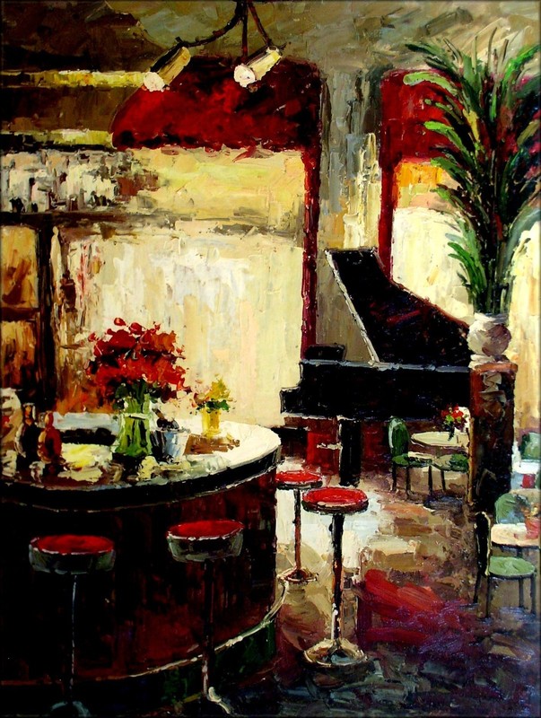 Bar Counter with Piano Heavy Impasto Quality Hand Painted Oil Painting 30x40in gallery