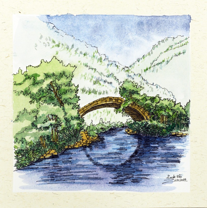 Original Pen & Watercolor House Illustration – Signed Landscape Artwork
