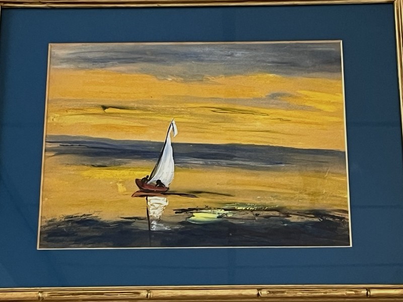 Vintage 1970s ORIGINAL Semi-Abstract Sailboat Golden Sunset Ocean /Lake FRAMED gallery