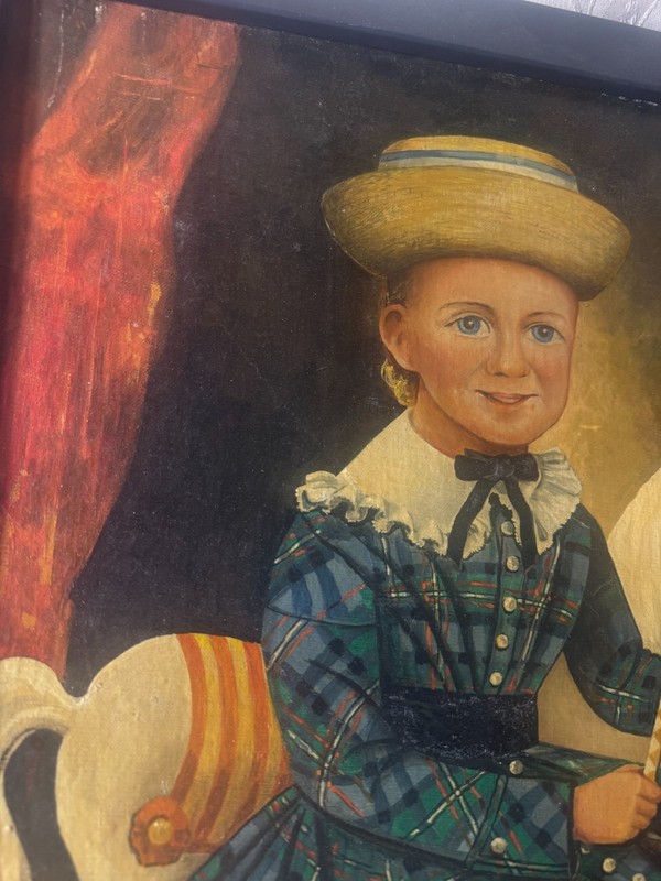 Large "Folk Art Girl And Horse Scene" Oil Painting- Framed gallery