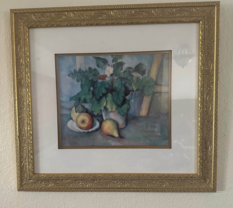 Cezanne “Pot of Flowers and Fruit” Painting Gold Framed 21.5 by 19.5