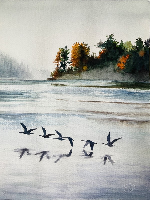 Misty Lake Morning with Flying Geese – Original Watercolor Landscape 11×14