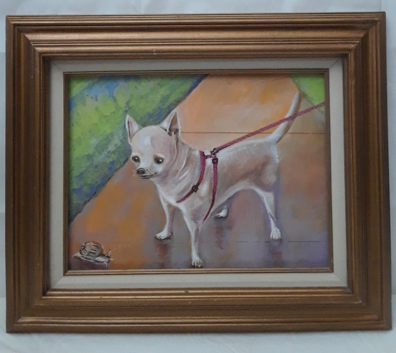 Realistic Acrylic Painting of a Chihuahua Wearing a Red Harness Framed Original