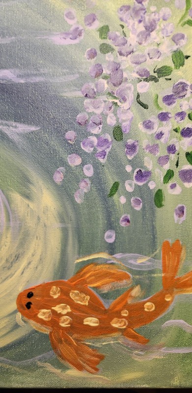 Koi Fish Pond with Wisteria Reflection Acrylic Painting 11x14 gallery