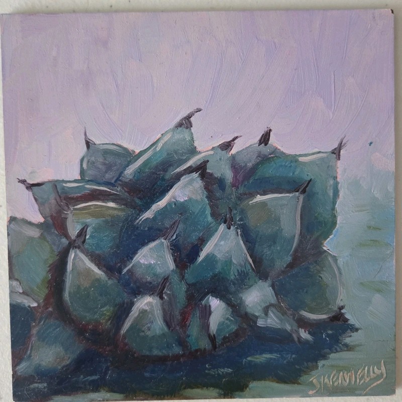 Original Oil Painting Blue Agave Succulent Plant 6×6 Panel Pale Blue Desert Art