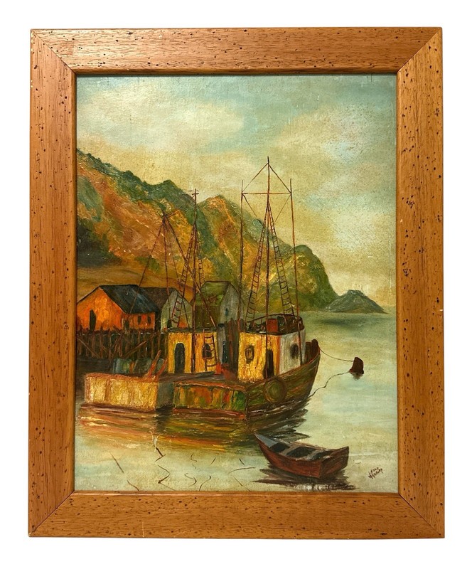 Vintage Harbor Fishing Boat Coastal Seascape Framed Painting Signed 19.5x23.5 gallery
