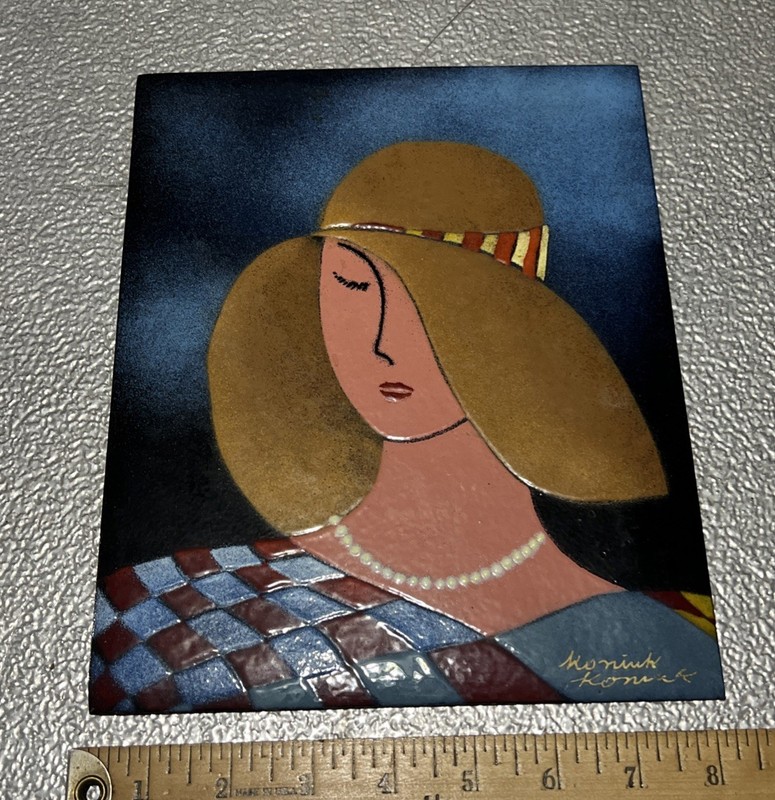 VINTAGE MCM ENAMEL ON COPPER PAINTING OF LADY / WOMAN WITH OVERSIZED HAT, SIGNED