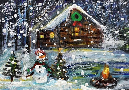 ACEO Original Winter XMAS Cabin Tree PAINTING Snow Snowman Holiday Landscape ART
