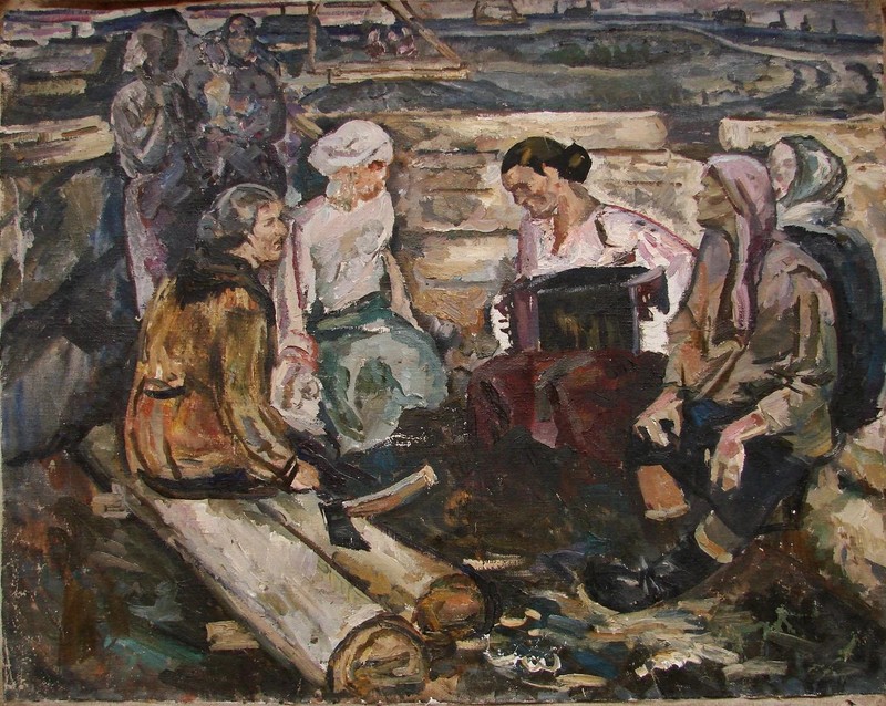 Ukrainian Soviet Oil Painting impressionism portrait rural woman accordion WW2