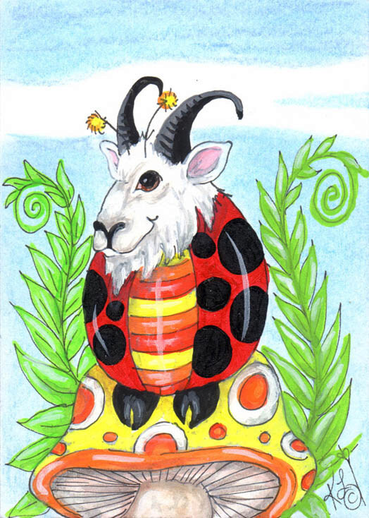 ACEO original Mountain Goat LadyBug Loberg Fantasy insect Mini Art mushroom Fern