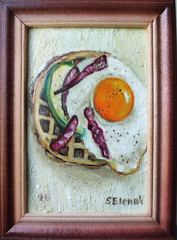 Fried Egg Bacon Waffle Oil Painting Original Framed Food Art Miniature 5×7