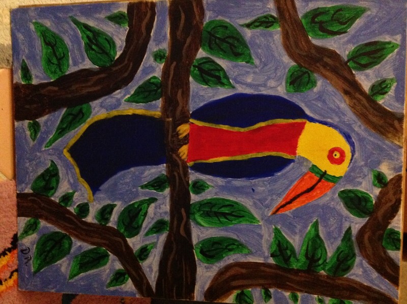 Toucan Parrot Bird Tree Original OOAK Kids Art PAINTING~Daniel Ritchie Rare Date gallery
