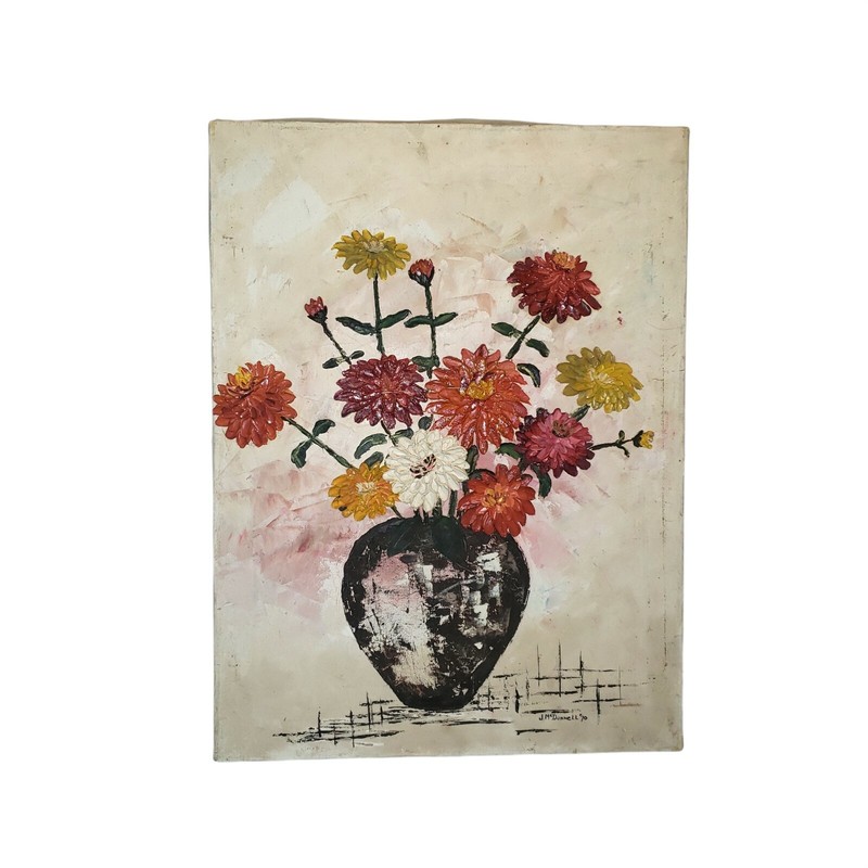 Vintage Unique Still Life Oil Textured Painting By Artist J.Mc Donnel 70s