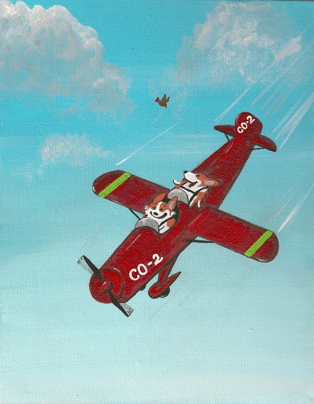 11×14 PRINT OF PAINTING RYTA PEMBROKE WELSH CORGI AIRPLANE PILOT FOLK ART DOG