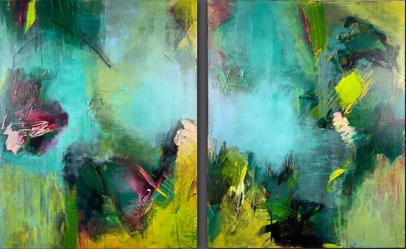 Original Signed Abstract Diptych Pamela Gene Miller Calm Series Acrylic Art gallery