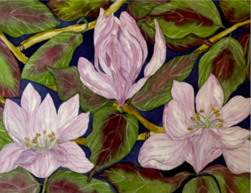 PAINTING WATERCOLOR 11X14 & DOUBLE MAT 16X20 FLOWER MAGNOLIA PINK LAVENDER GREEN