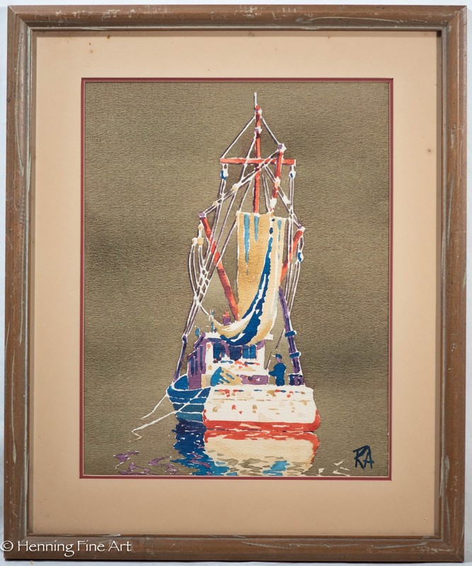 Lovely Vintage Painting of Colorful Fishing Boat Signed «RA» Framed 21.75×18″