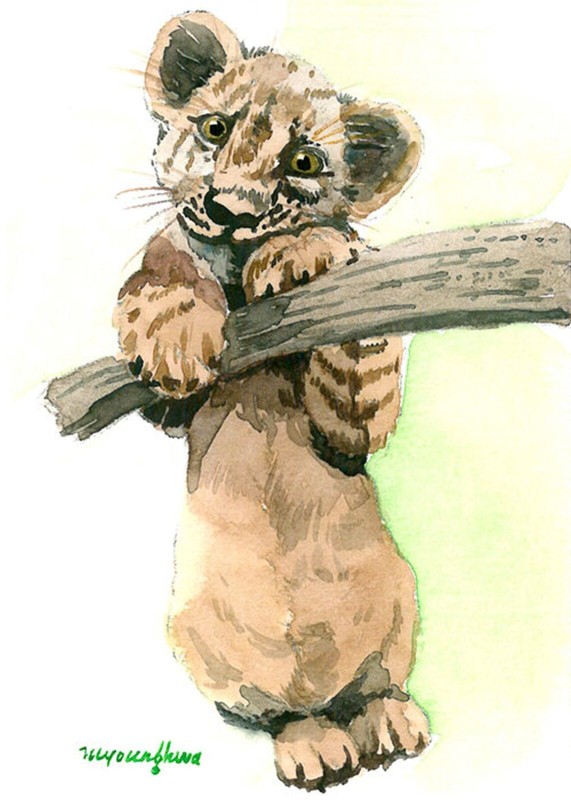 «Playful Lion Cub» ACEO Limited Edition, Animal Art Print, Collectible Gift