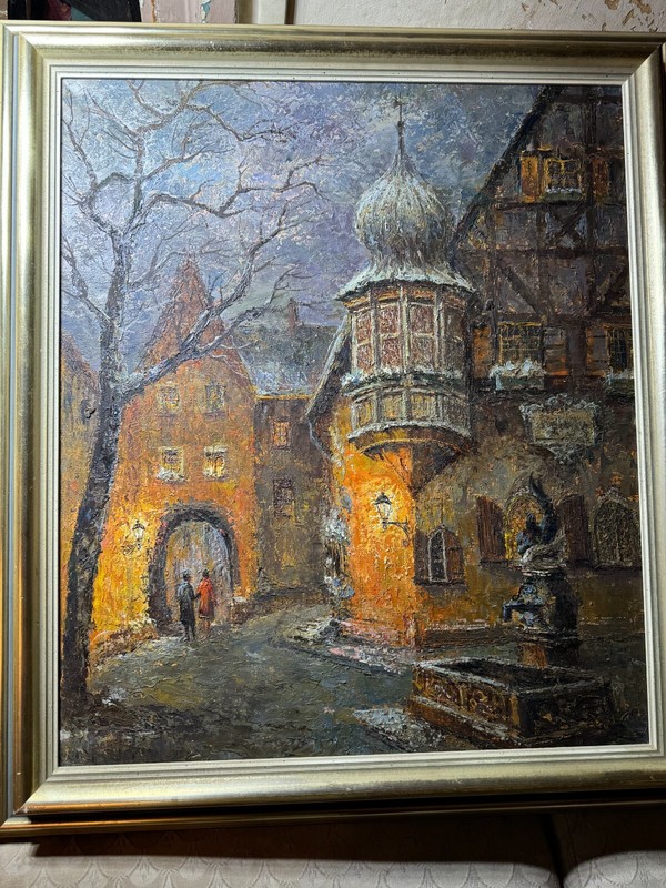 Large «European City Street Scene With Figures» Acrylic Painting – Framed
