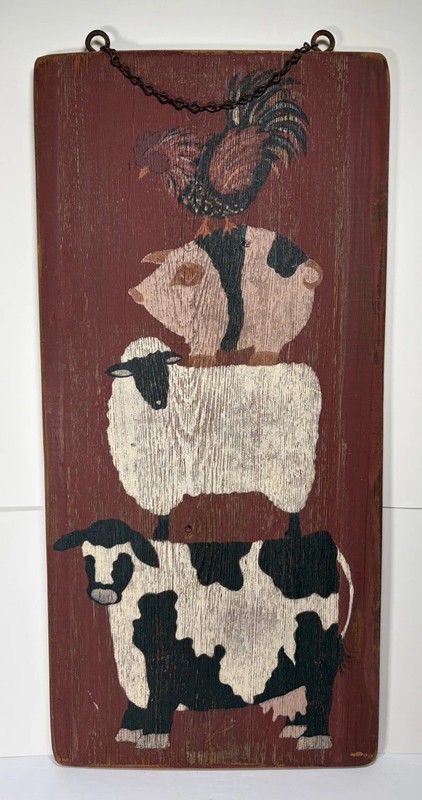 Original Folk Art Painting Reclaimed Barn Wood COW SHEEP PIG ROOSTER 24×11”