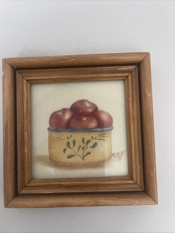 Mini Theorem Painting Apples in Bowl Framed Folk Art Signed M Koff 5”
