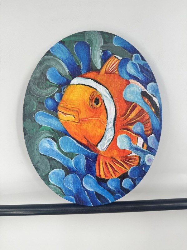 Original Acrylic Clown Fish Round Canvas Painting Ashley Leary Ocean Sea Life
