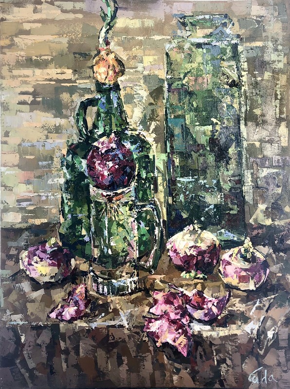 Turnips and Onions with Glass Bottles Oil Painting on Canvas Size 40×30 inches