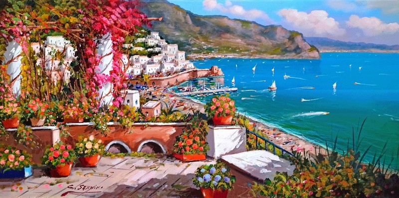 AMALFI PAINTING ITALY SEA PANORAMA by PAINTER SANNINO ITALIAN Italien malerei