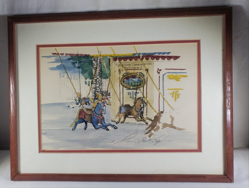 Vintage 1983 Signed Framed Diana Wythe Tyler Water Color Art Print Carousel
