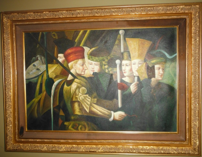 Framed Original Oil Painting Medieval Gathering Stylized 36" x 24" gallery