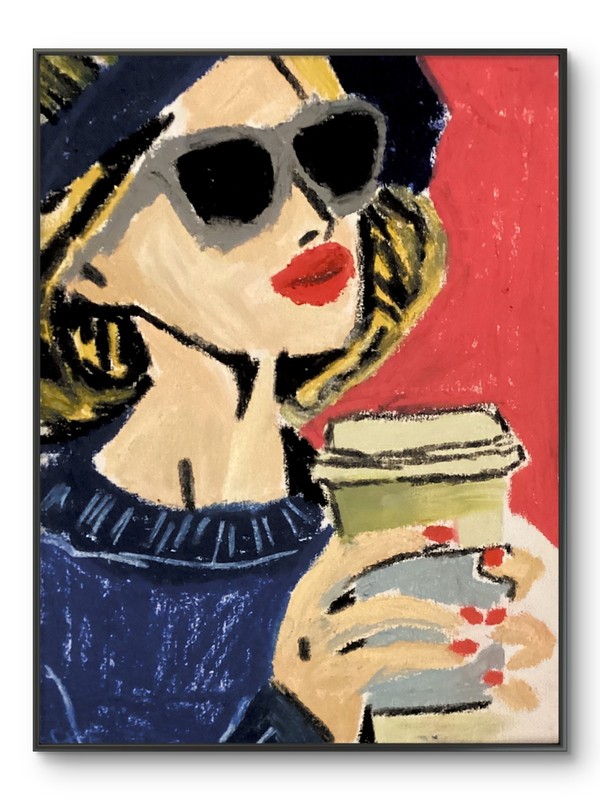 Woman Coffee Fine Pastel Study Original 11×14 Red Pop Art Portrait Work Canvas